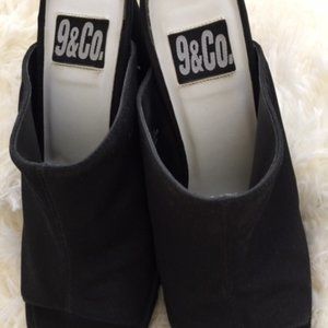 PLATFORM SANDALS, BLACK SATIN, 9 & CO., SIZE 7M